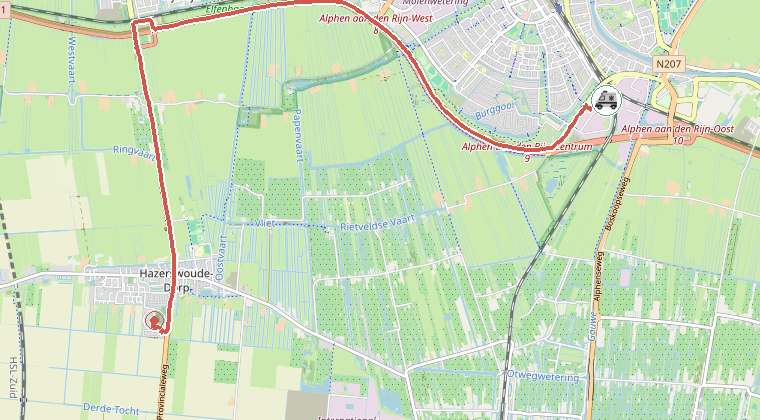 Kaart van de omgeving van de melding, met de kazerne die is gealarmeerd