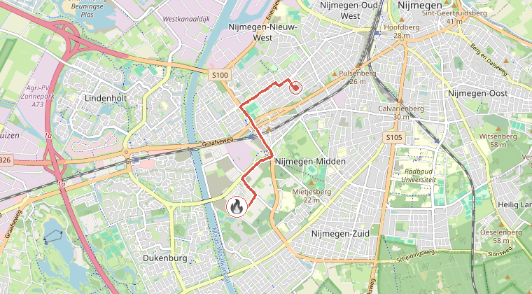 Kaart van de omgeving van de melding, met de kazerne die is gealarmeerd