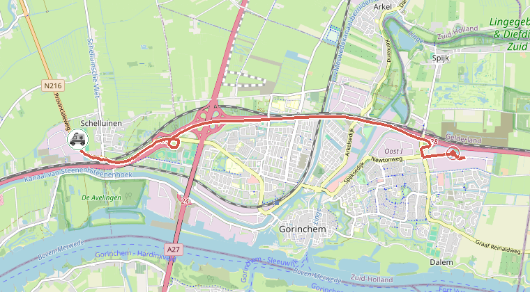 Kaart van de omgeving van de melding, met de kazerne die is gealarmeerd