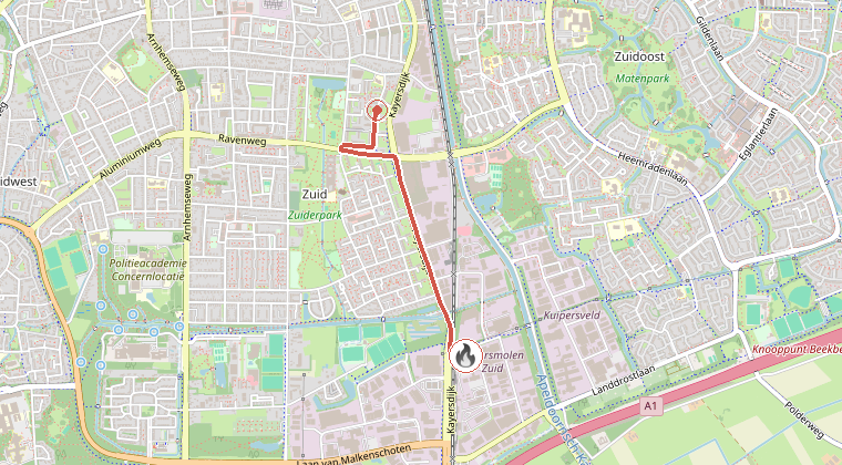 Kaart van de omgeving van de melding, met de kazerne die is gealarmeerd