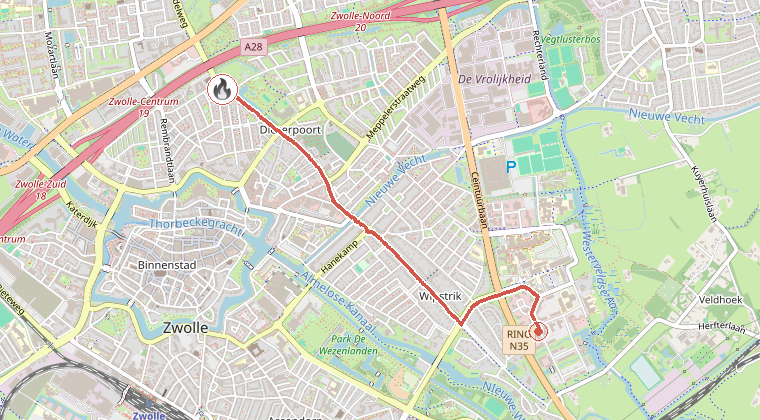 Kaart van de omgeving van de melding, met de kazerne die is gealarmeerd