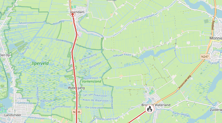 Kaart van de omgeving van de melding, met de kazerne die is gealarmeerd