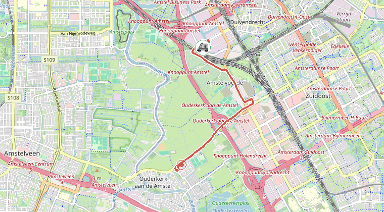 Kaart van de omgeving van de melding, met de kazerne die is gealarmeerd
