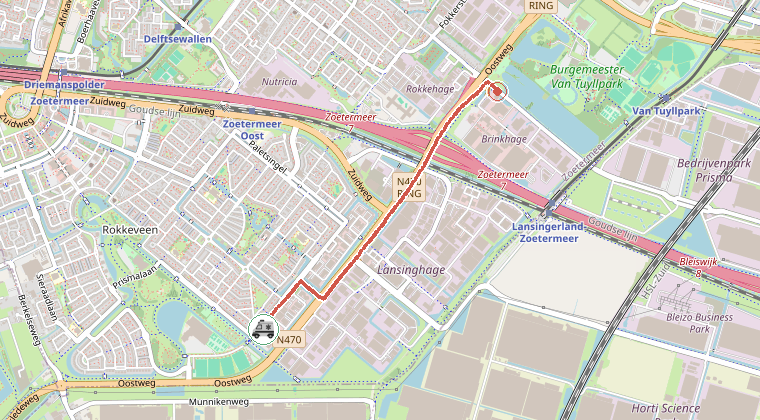 Kaart van de omgeving van de melding, met de kazerne die is gealarmeerd
