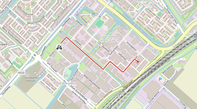 Kaart van de omgeving van de melding, met de kazerne die is gealarmeerd