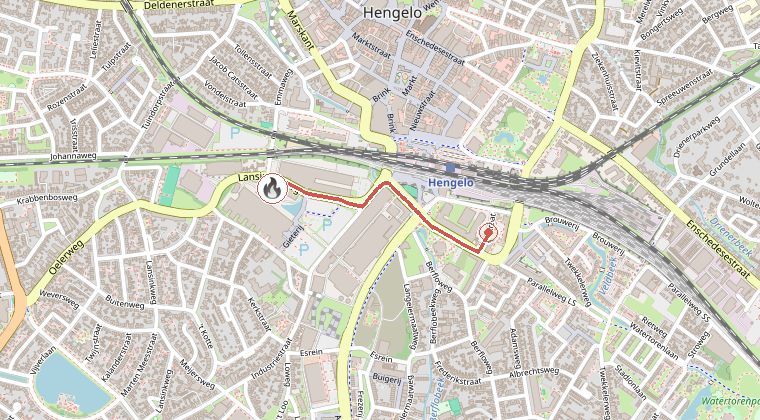 Kaart van de omgeving van de melding, met de kazerne die is gealarmeerd