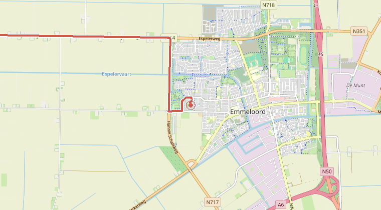 Kaart van de omgeving van de melding, met de kazerne die is gealarmeerd