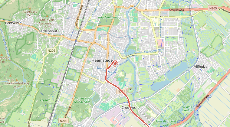 Kaart van de omgeving van de melding, met de kazerne die is gealarmeerd