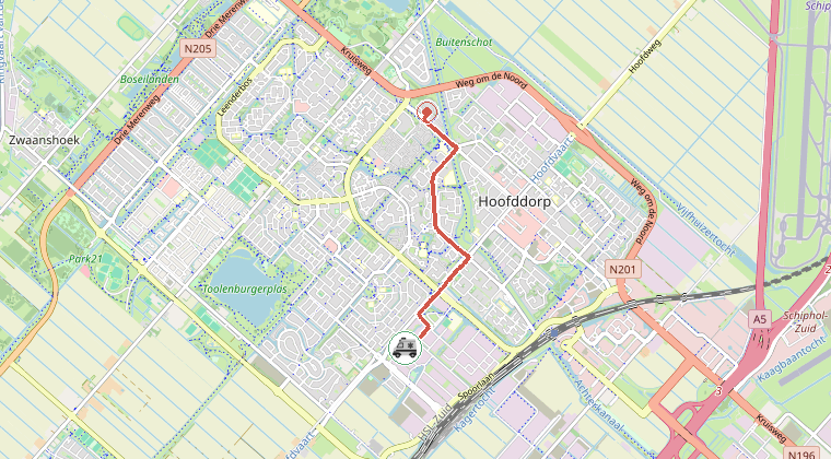 Kaart van de omgeving van de melding, met de kazerne die is gealarmeerd