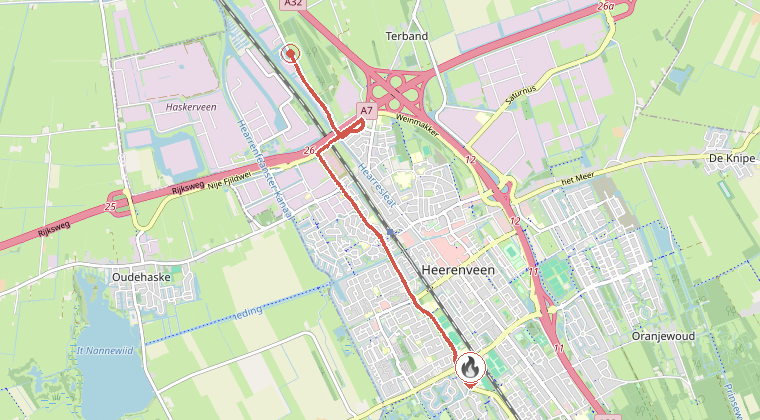 Kaart van de omgeving van de melding, met de kazerne die is gealarmeerd