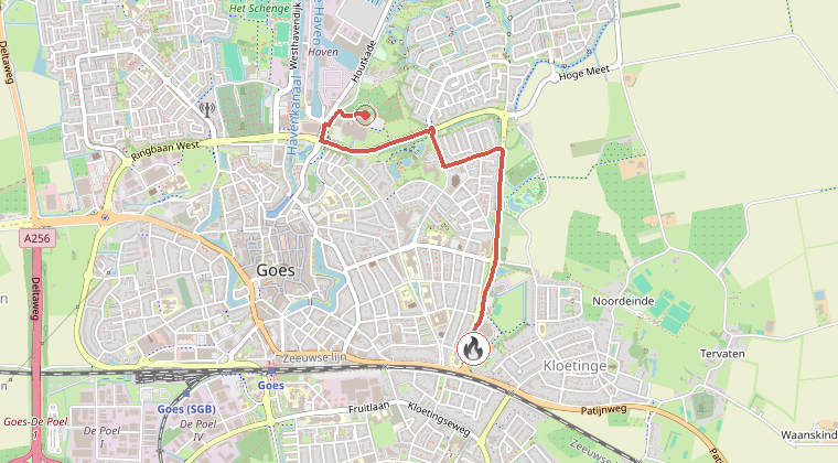 Kaart van de omgeving van de melding, met de kazerne die is gealarmeerd
