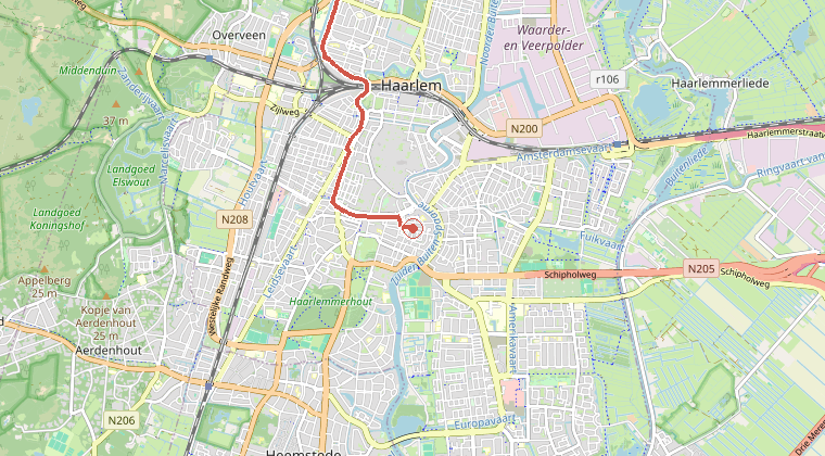 Kaart van de omgeving van de melding, met de kazerne die is gealarmeerd