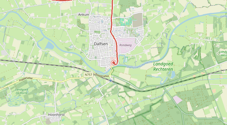 Kaart van de omgeving van de melding, met de kazerne die is gealarmeerd