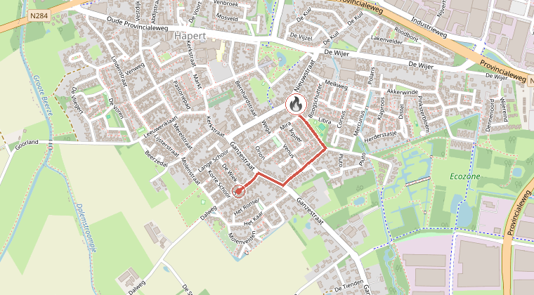 Kaart van de omgeving van de melding, met de kazerne die is gealarmeerd