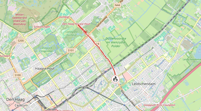 Kaart van de omgeving van de melding, met de kazerne die is gealarmeerd