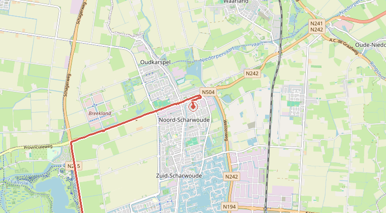 Kaart van de omgeving van de melding, met de kazerne die is gealarmeerd