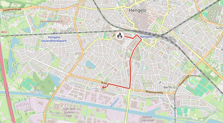 Kaart van de omgeving van de melding, met de kazerne die is gealarmeerd