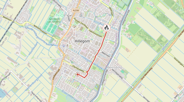 Kaart van de omgeving van de melding, met de kazerne die is gealarmeerd