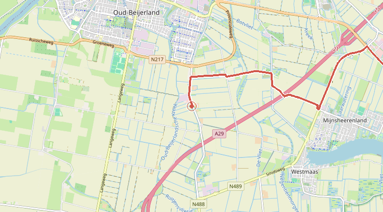 Kaart van de omgeving van de melding, met de kazerne die is gealarmeerd