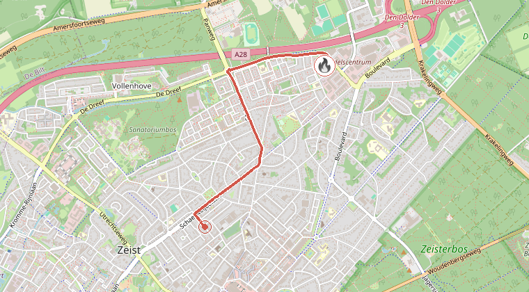 Kaart van de omgeving van de melding, met de kazerne die is gealarmeerd