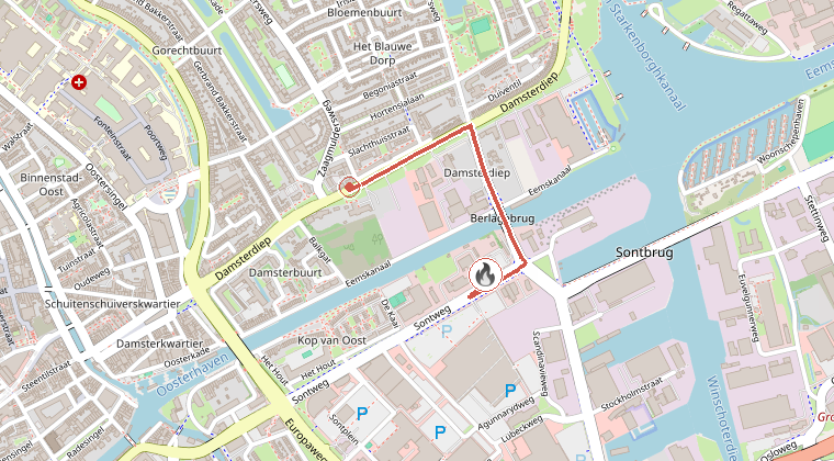 Kaart van de omgeving van de melding, met de kazerne die is gealarmeerd