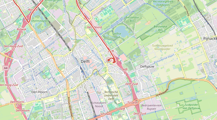 Kaart van de omgeving van de melding, met de kazerne die is gealarmeerd