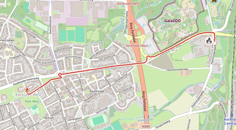 Kaart van de omgeving van de melding, met de kazerne die is gealarmeerd