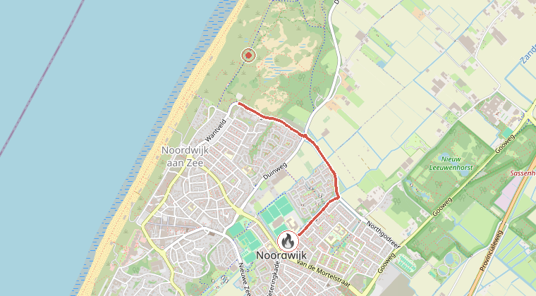 Kaart van de omgeving van de melding, met de kazerne die is gealarmeerd