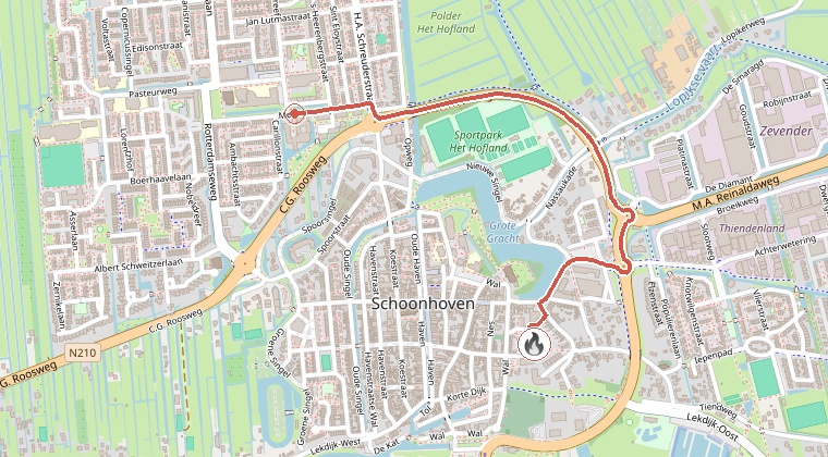 Kaart van de omgeving van de melding, met de kazerne die is gealarmeerd