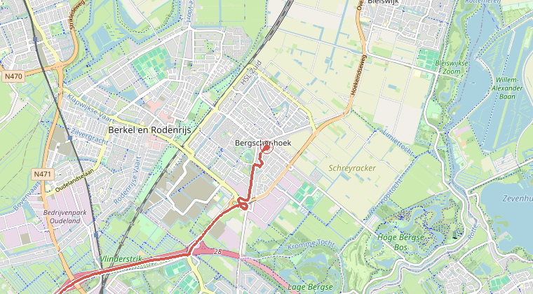 Kaart van de omgeving van de melding, met de kazerne die is gealarmeerd