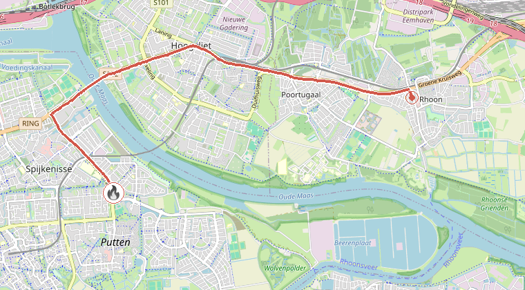 Kaart van de omgeving van de melding, met de kazerne die is gealarmeerd