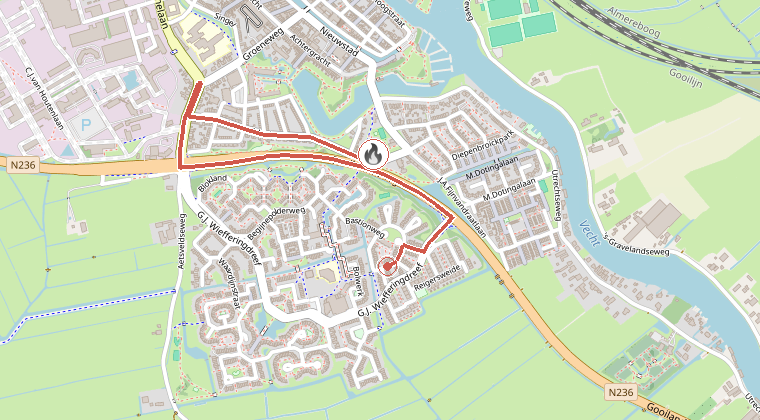 Kaart van de omgeving van de melding, met de kazerne die is gealarmeerd