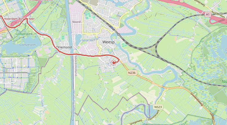 Kaart van de omgeving van de melding, met de kazerne die is gealarmeerd