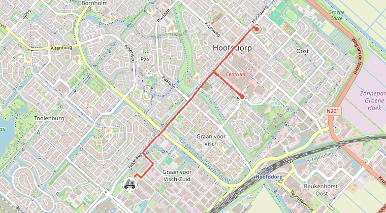 Kaart van de omgeving van de melding, met de kazerne die is gealarmeerd