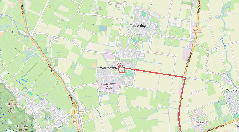 Kaart van de omgeving van de melding, met de kazerne die is gealarmeerd