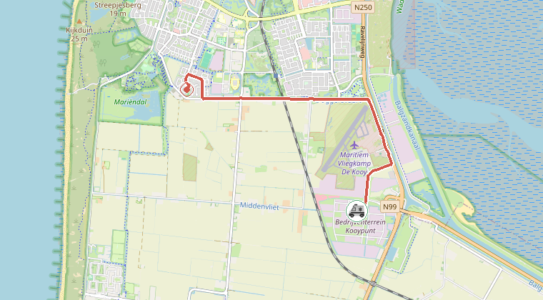 Kaart van de omgeving van de melding, met de kazerne die is gealarmeerd
