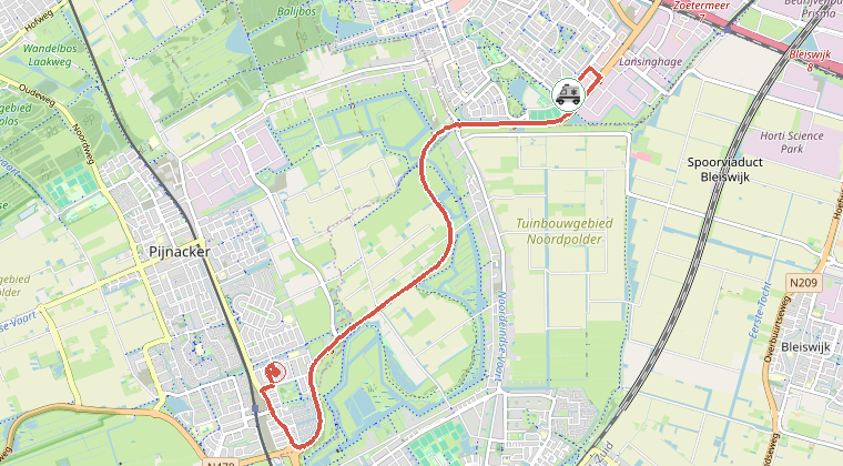 Kaart van de omgeving van de melding, met de kazerne die is gealarmeerd