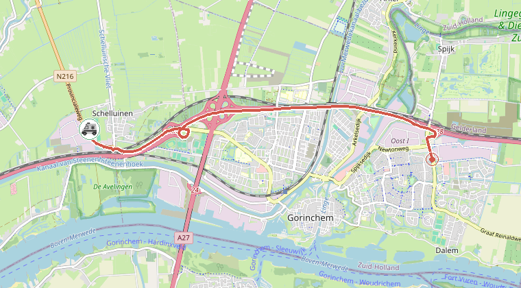 Kaart van de omgeving van de melding, met de kazerne die is gealarmeerd
