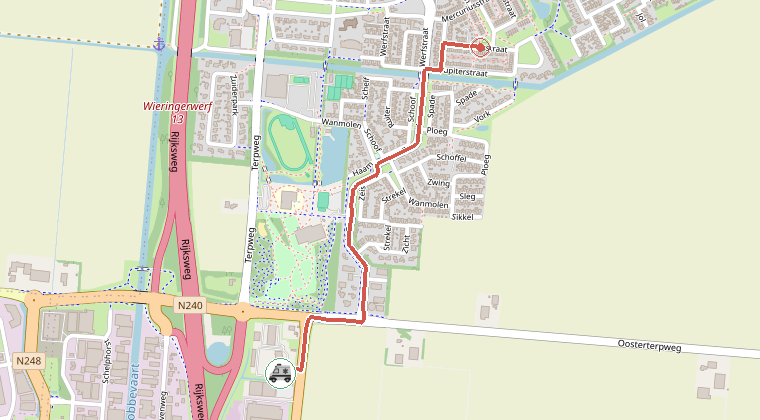 Kaart van de omgeving van de melding, met de kazerne die is gealarmeerd