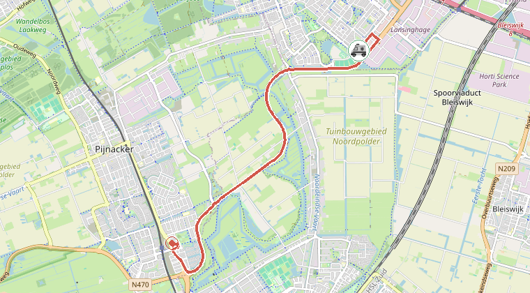 Kaart van de omgeving van de melding, met de kazerne die is gealarmeerd
