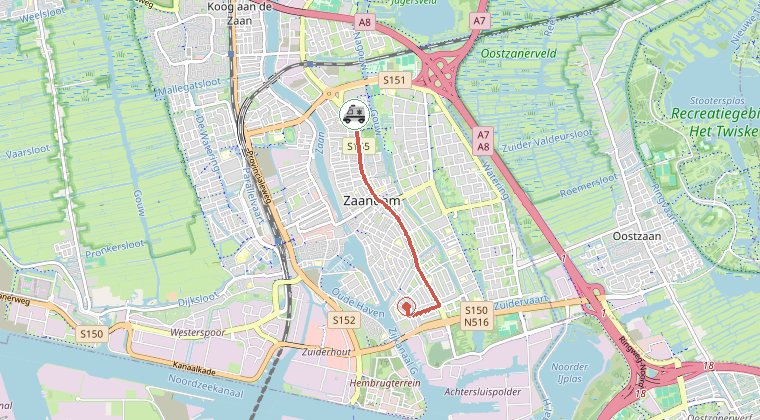 Kaart van de omgeving van de melding, met de kazerne die is gealarmeerd