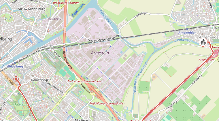 Kaart van de omgeving van de melding, met de kazerne die is gealarmeerd