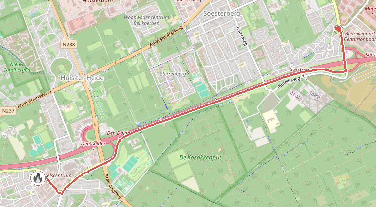Kaart van de omgeving van de melding, met de kazerne die is gealarmeerd