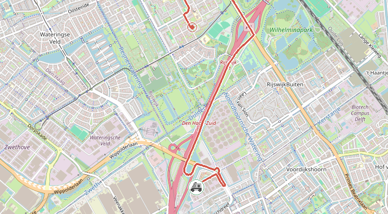 Kaart van de omgeving van de melding, met de kazerne die is gealarmeerd