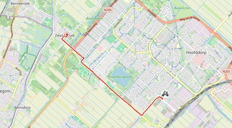 Kaart van de omgeving van de melding, met de kazerne die is gealarmeerd