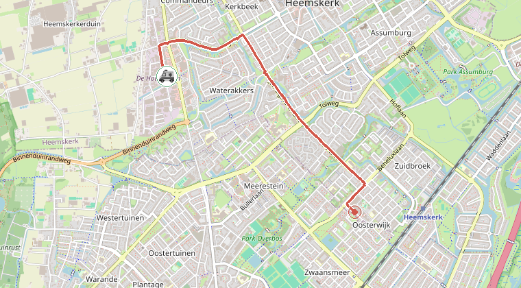 Kaart van de omgeving van de melding, met de kazerne die is gealarmeerd