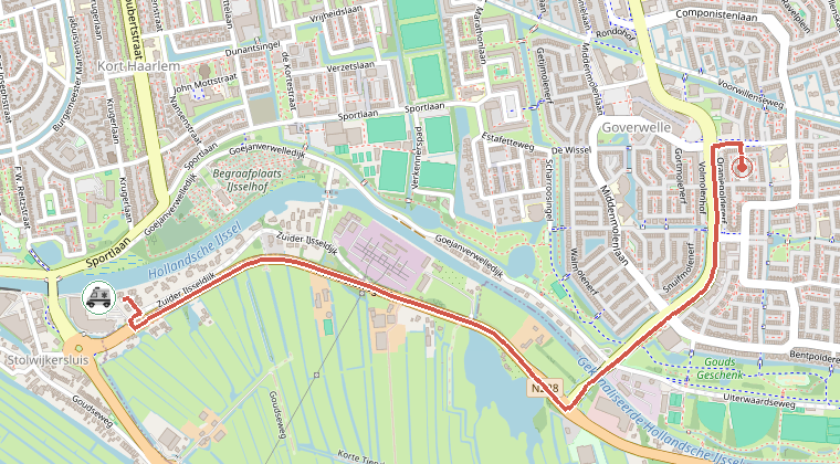 Kaart van de omgeving van de melding, met de kazerne die is gealarmeerd