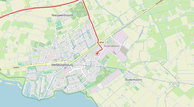 Kaart van de omgeving van de melding, met de kazerne die is gealarmeerd