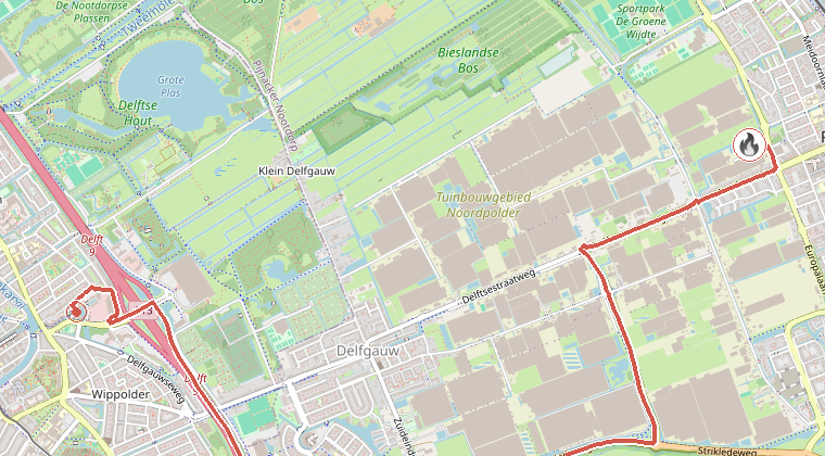 Kaart van de omgeving van de melding, met de kazerne die is gealarmeerd