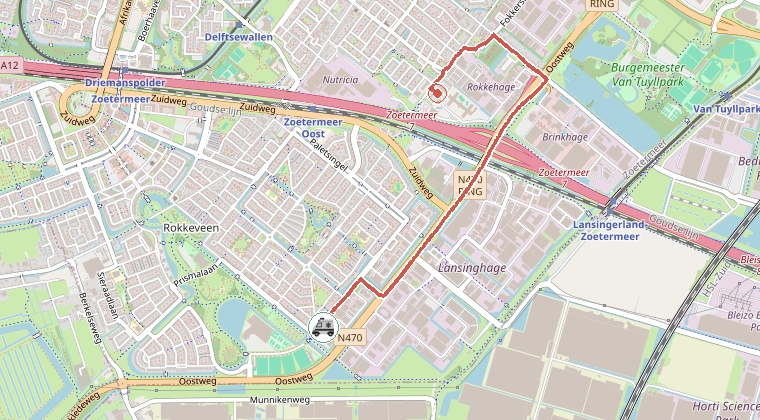 Kaart van de omgeving van de melding, met de kazerne die is gealarmeerd